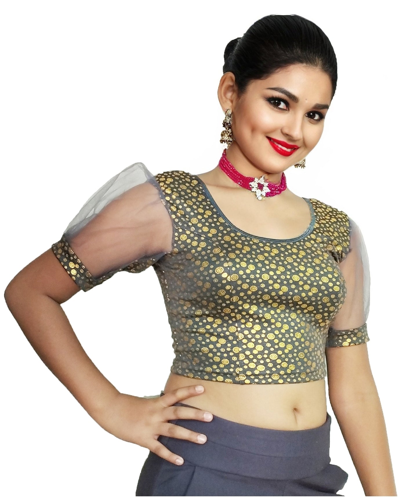 PU Fashion Golden Foil Printed Stretchable Blouse – Readymade Puff Sleeve Saree Blouse