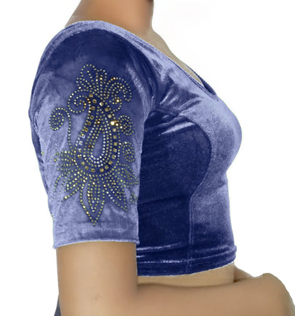 PU Fashion Women's Fancy Velvet Blouse with Stone Work | Stylish Readymade Saree Blouse for Party & Wedding