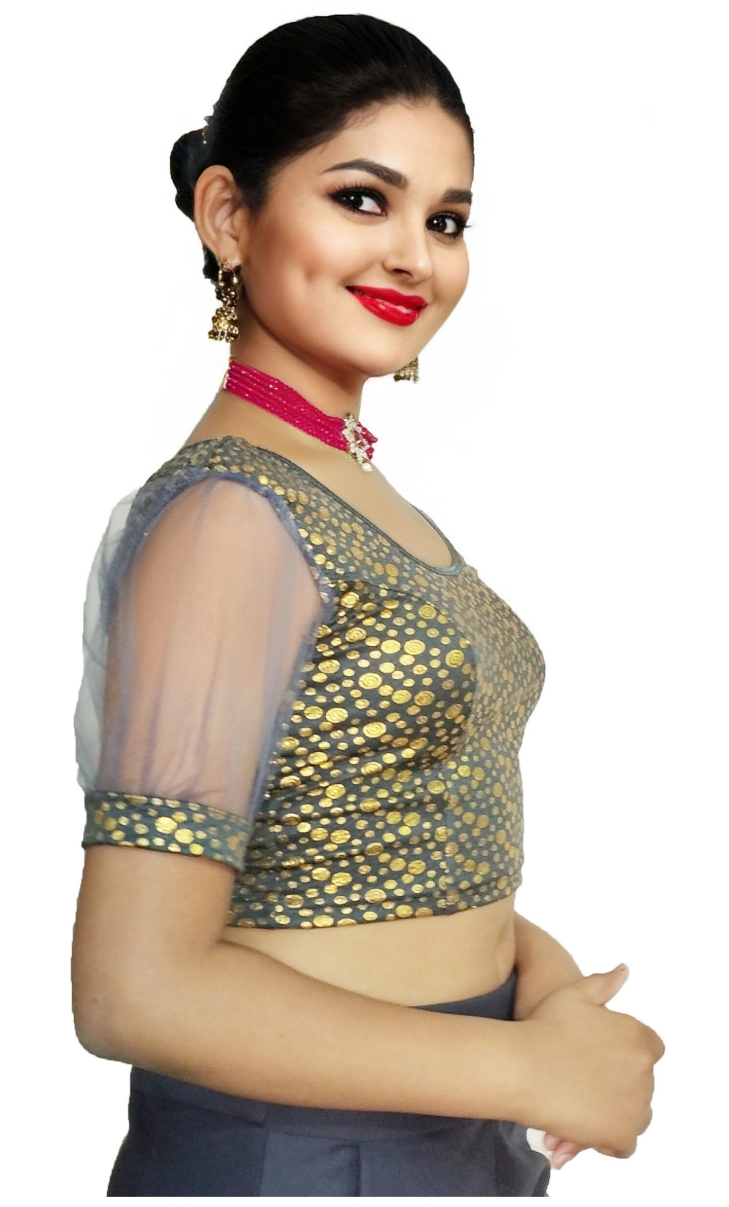 PU Fashion Golden Foil Printed Stretchable Blouse – Readymade Puff Sleeve Saree Blouse