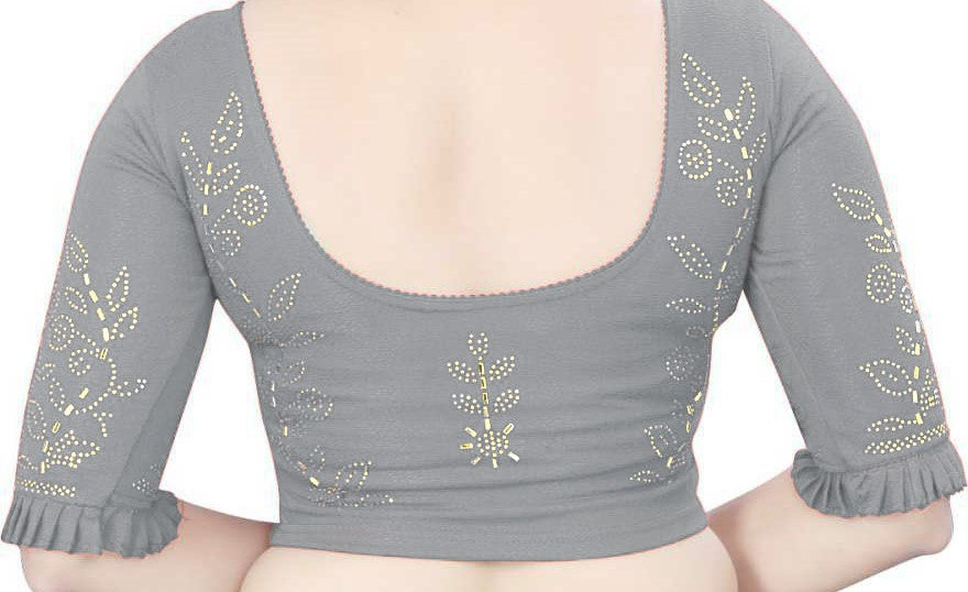 PU Fashion Stretchable Lycra Readymade Blouse with Frill & Swarovski Work