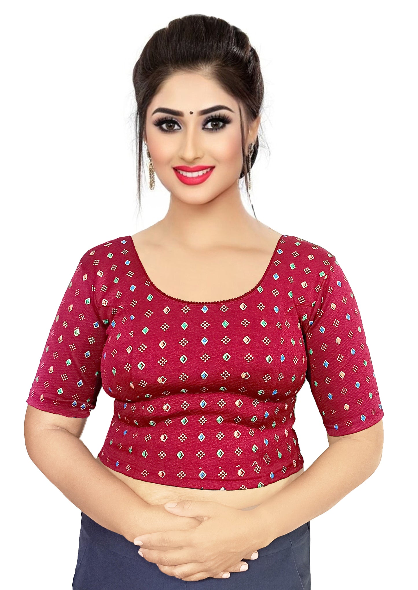 PU Fashion Pigment Print Blouse – Readymade, Stylish Multicolor Design, Elbow Sleeves
