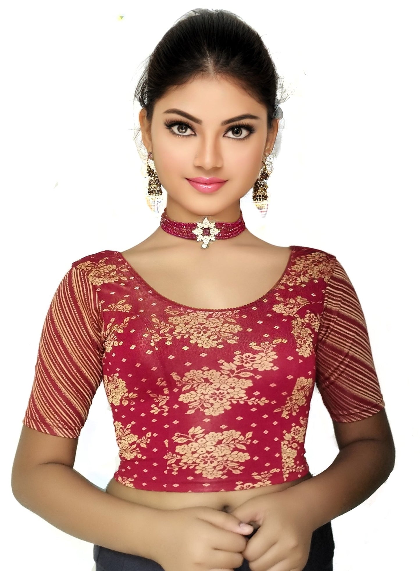 PU Fashion Jacquard Stretchable Saree Blouse – Floral Round Neck Short Sleeve Design