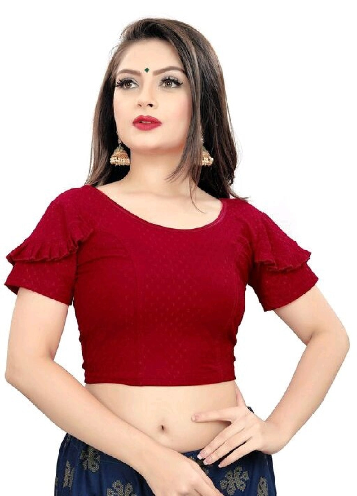 PU Fashion Fancy Frill Sleeve Blouse – Stylish Stretchable Readymade Saree Blouse