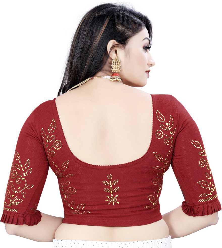 PU Fashion Stretchable Lycra Readymade Blouse with Frill & Swarovski Work