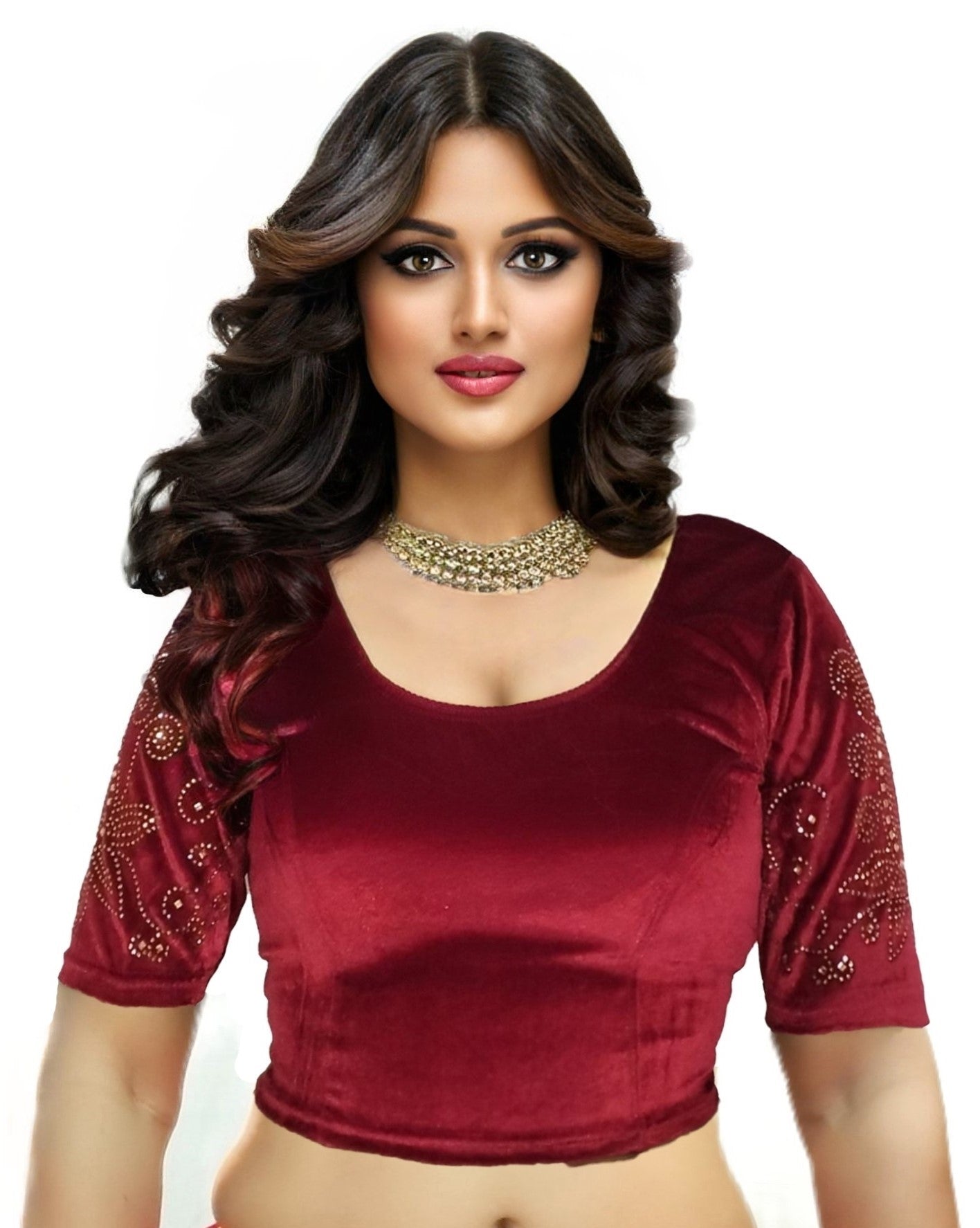 PU Fashion Women's Fancy Velvet Blouse with Stone Work | Stylish Readymade Saree Blouse for Party & Wedding