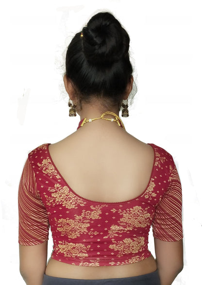 PU Fashion Jacquard Stretchable Saree Blouse – Floral Round Neck Short Sleeve Design