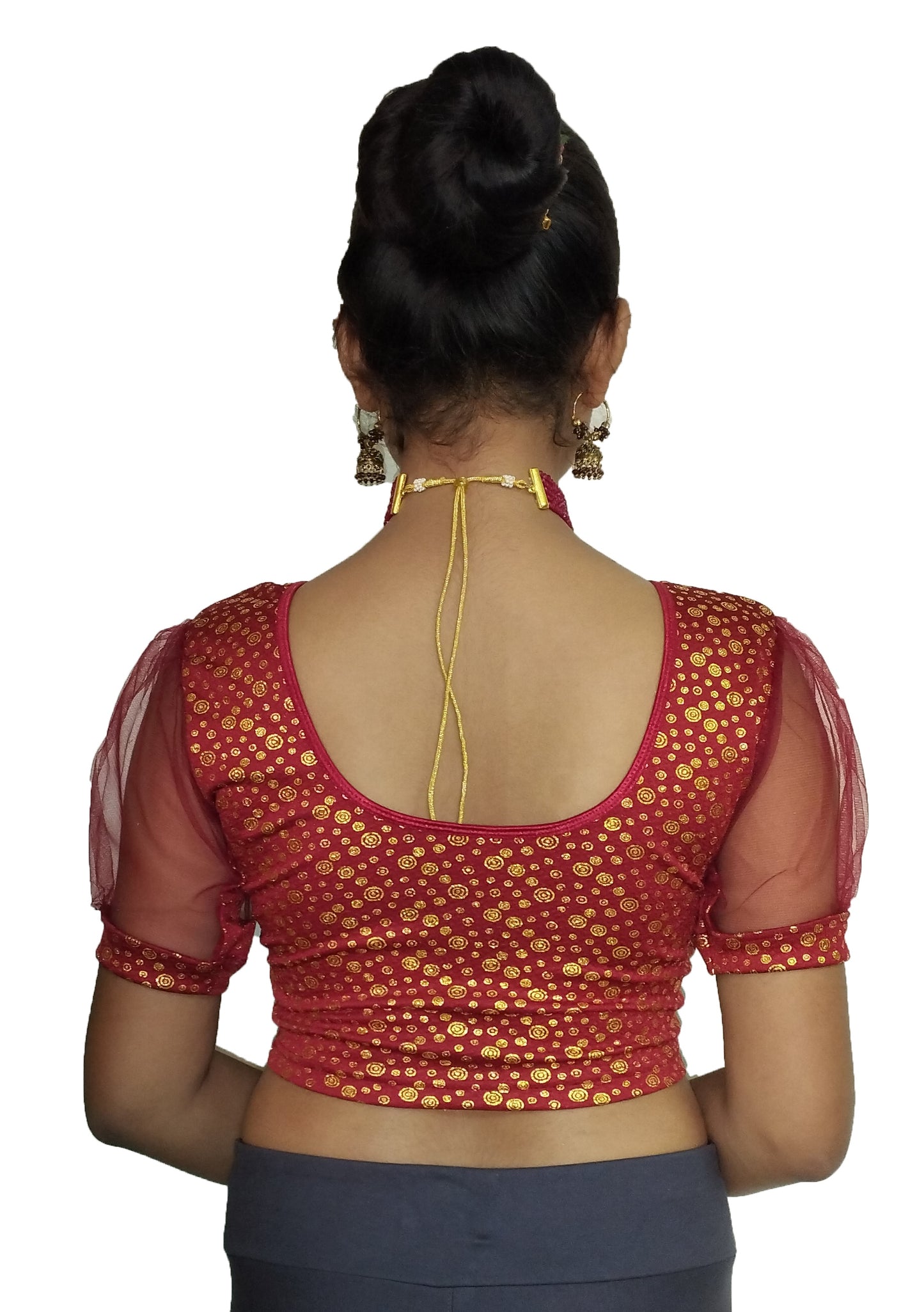 PU Fashion Golden Foil Printed Stretchable Blouse – Readymade Puff Sleeve Saree Blouse
