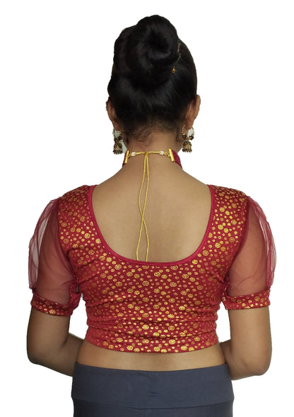 PU Fashion Golden Foil Printed Stretchable Blouse – Readymade Puff Sleeve Saree Blouse