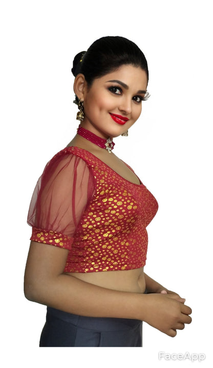 PU Fashion Golden Foil Printed Stretchable Blouse – Readymade Puff Sleeve Saree Blouse