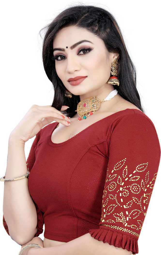 PU Fashion Stretchable Lycra Readymade Blouse with Frill & Swarovski Work