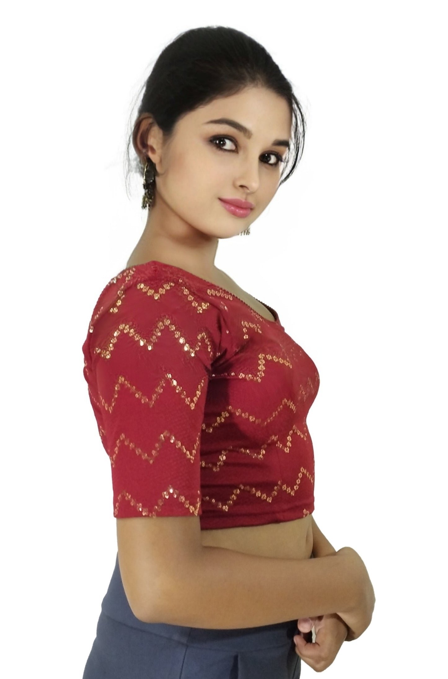 PU Fashion Stylish Readymade Party Wear Stretchable Sequin Embroidered Blouse