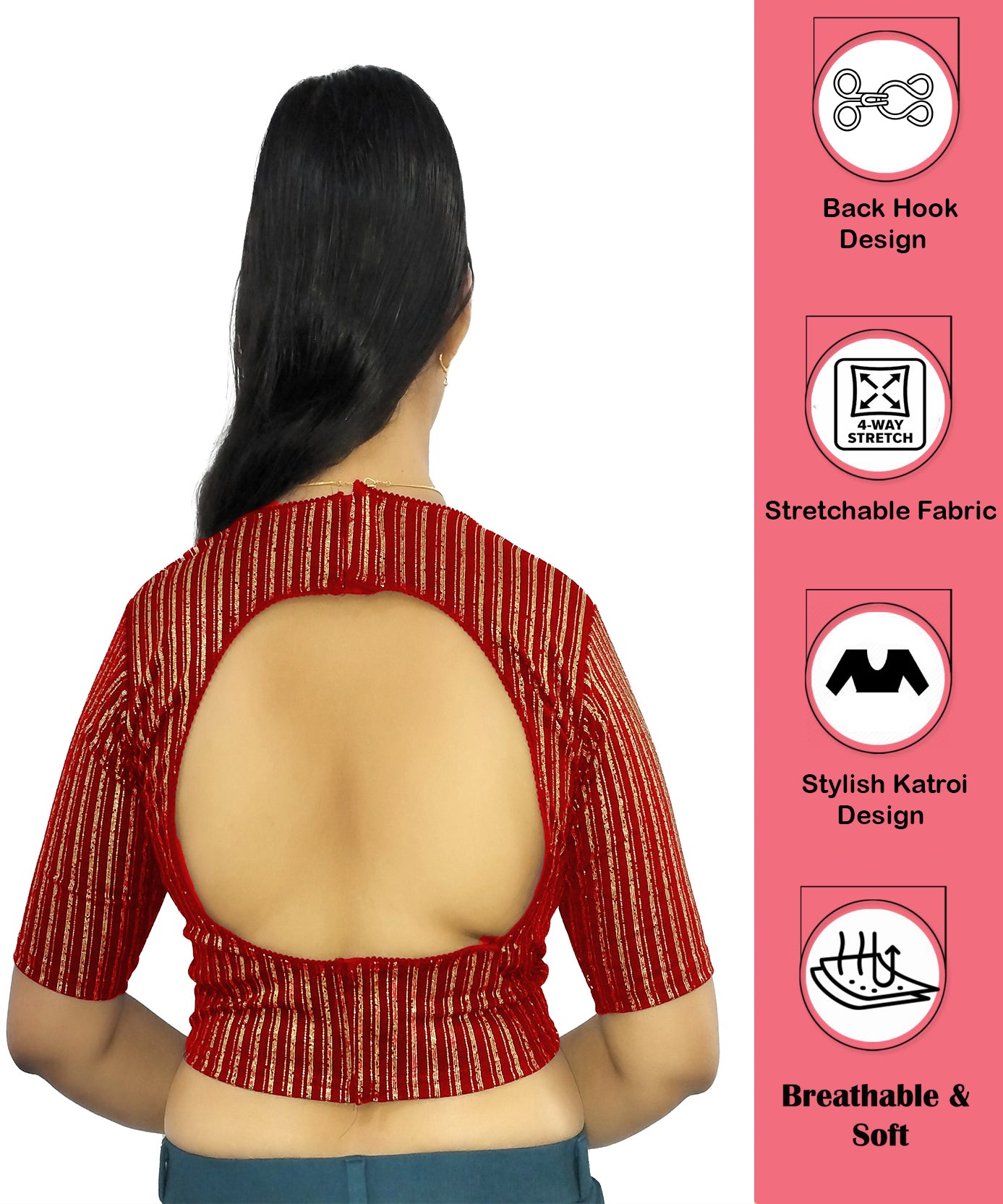 PU Fashion Jacquard Stretchable Saree Blouse | Back Hook & Katroi Design