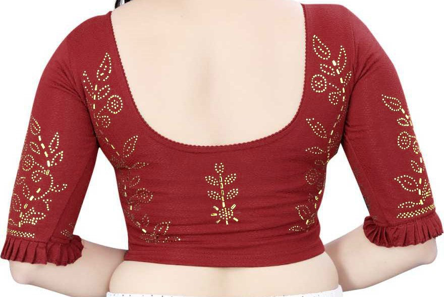 PU Fashion Stretchable Lycra Readymade Blouse with Frill & Swarovski Work