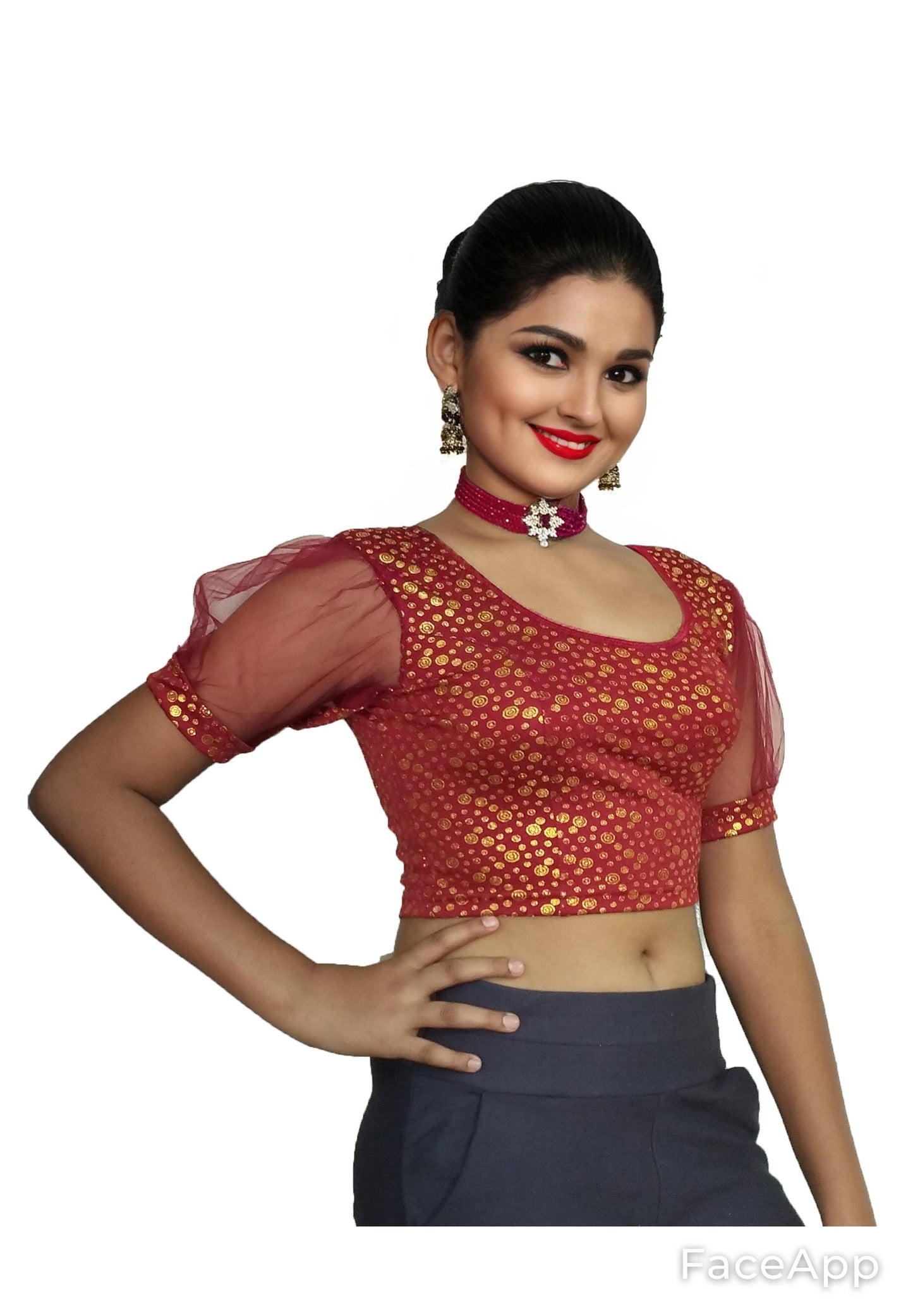 PU Fashion Golden Foil Printed Stretchable Blouse – Readymade Puff Sleeve Saree Blouse
