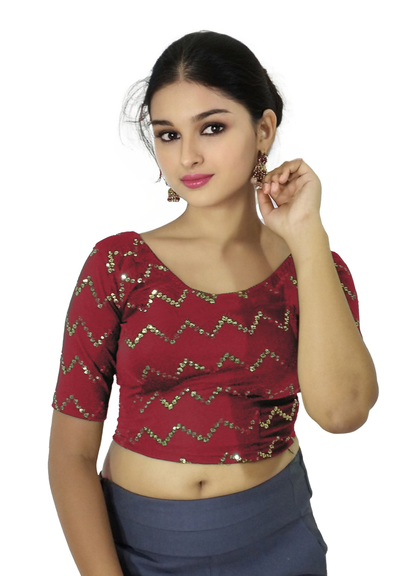 PU Fashion Stylish Readymade Party Wear Stretchable Sequin Embroidered Blouse