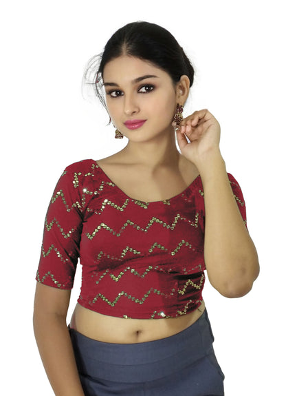 PU Fashion Stylish Readymade Party Wear Stretchable Sequin Embroidered Blouse