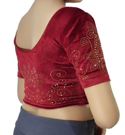 PU Fashion Women's Fancy Velvet Blouse with Stone Work | Stylish Readymade Saree Blouse for Party & Wedding