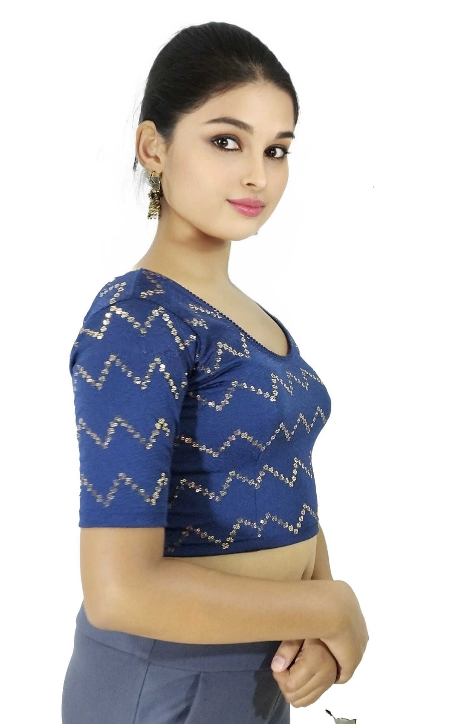 PU Fashion Stylish Readymade Party Wear Stretchable Sequin Embroidered Blouse