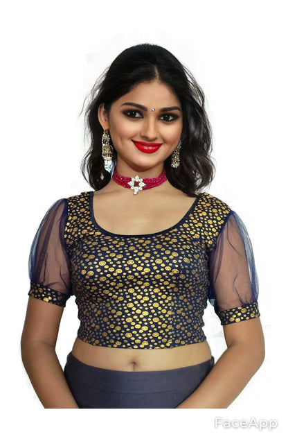 PU Fashion Golden Foil Printed Stretchable Blouse – Readymade Puff Sleeve Saree Blouse