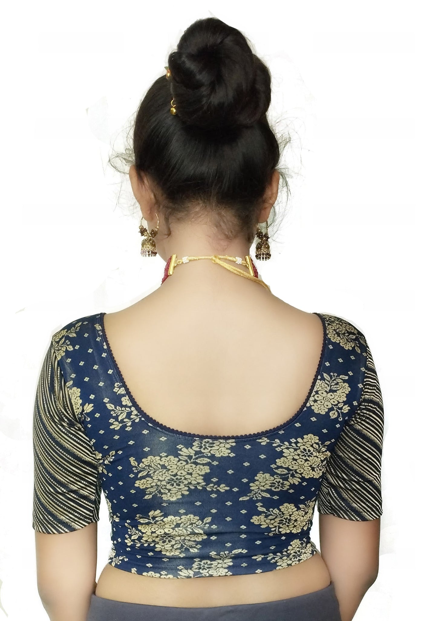 PU Fashion Jacquard Stretchable Saree Blouse – Floral Round Neck Short Sleeve Design