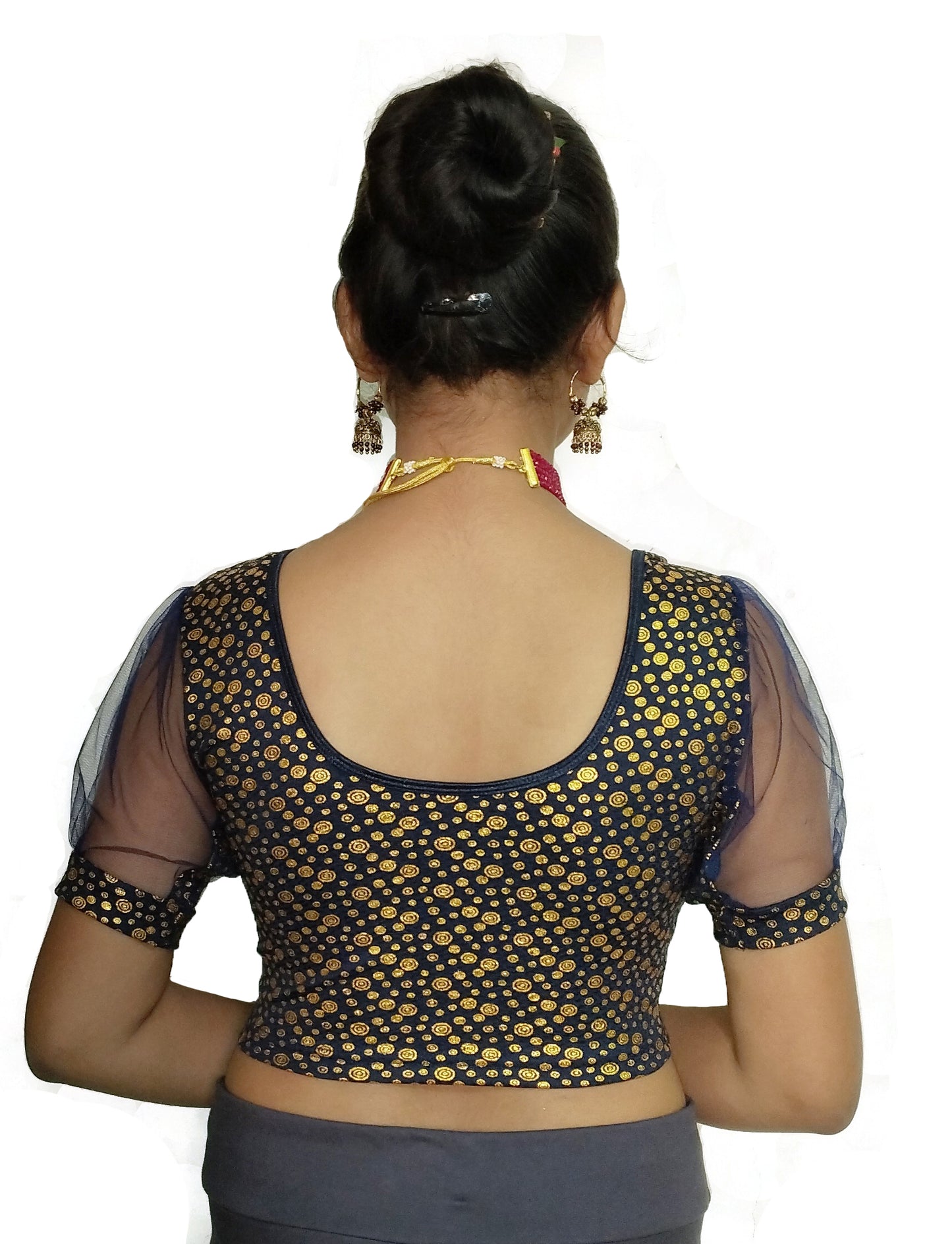 PU Fashion Golden Foil Printed Stretchable Blouse – Readymade Puff Sleeve Saree Blouse