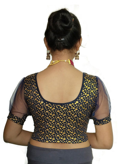 PU Fashion Golden Foil Printed Stretchable Blouse – Readymade Puff Sleeve Saree Blouse