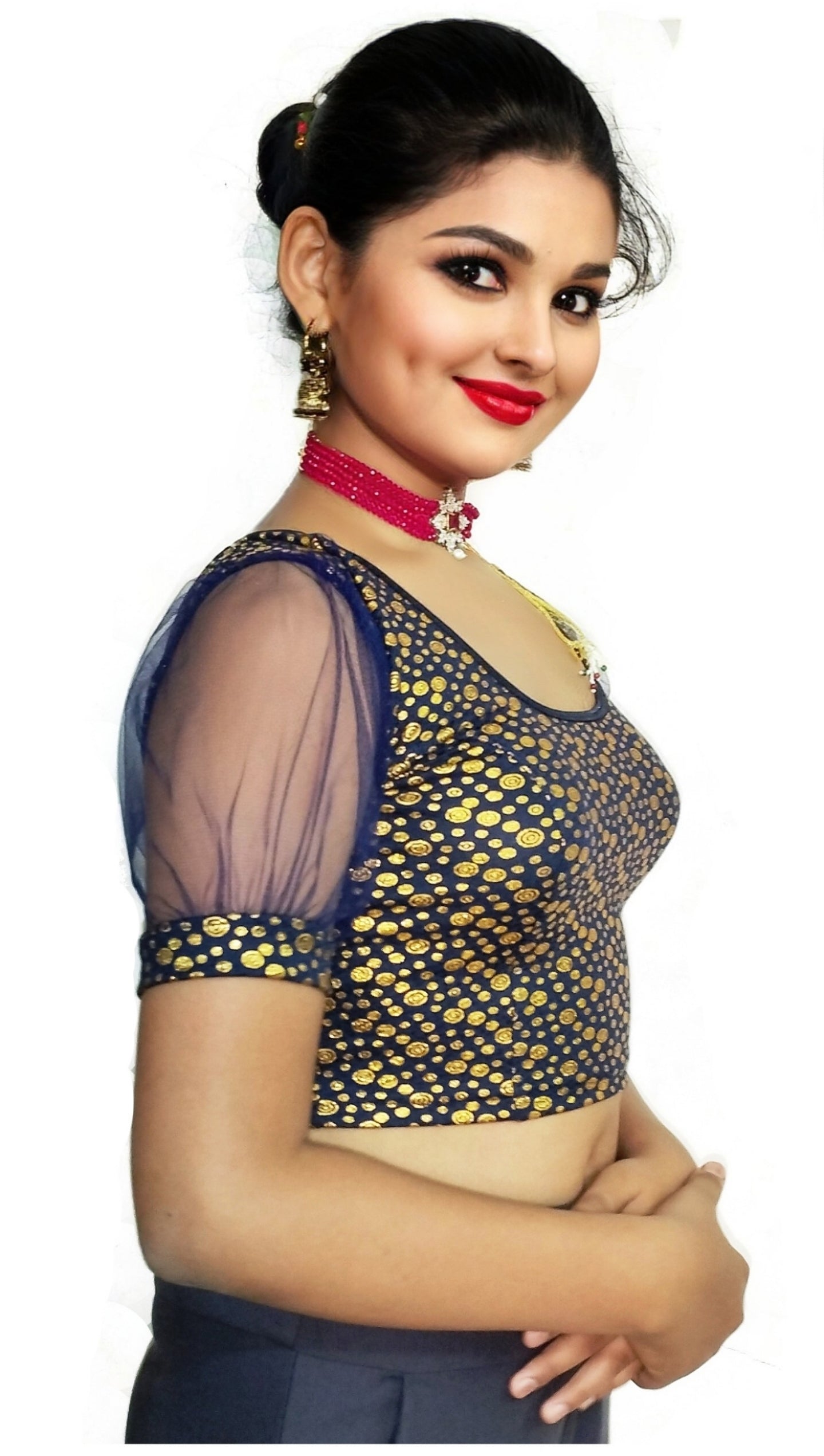 PU Fashion Golden Foil Printed Stretchable Blouse – Readymade Puff Sleeve Saree Blouse