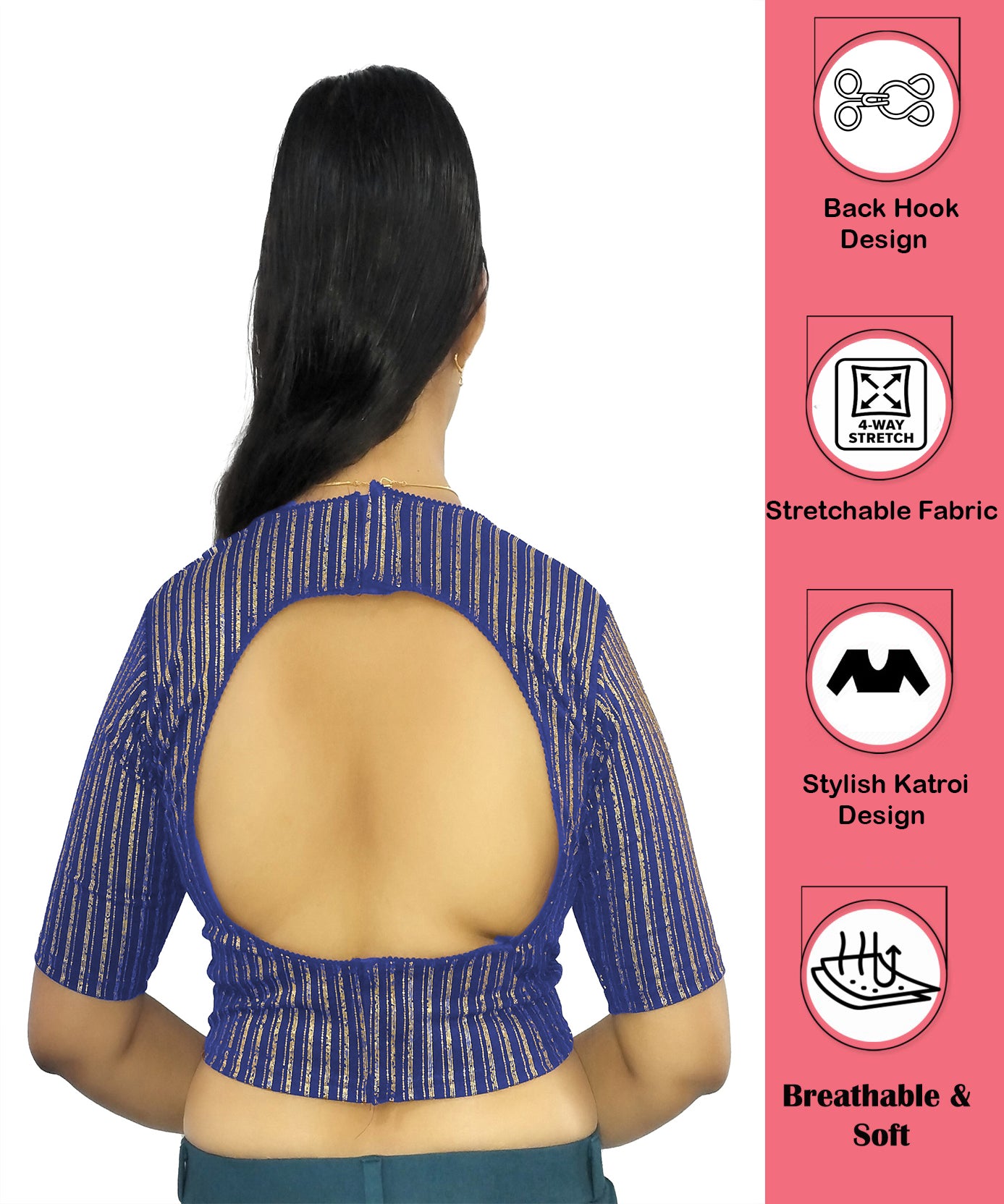 PU Fashion Jacquard Stretchable Saree Blouse | Back Hook & Katroi Design
