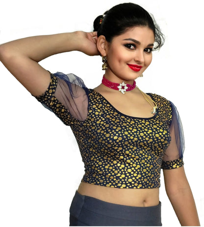 PU Fashion Golden Foil Printed Stretchable Blouse – Readymade Puff Sleeve Saree Blouse