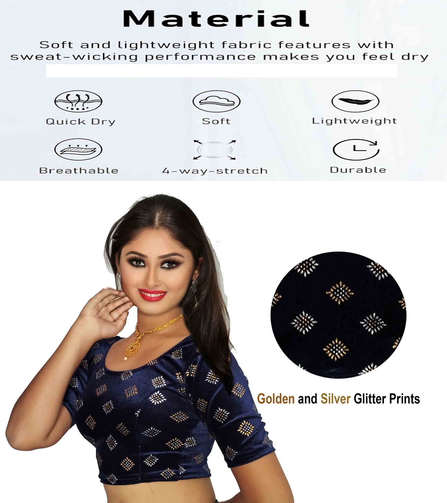 PU Fashion Stretchable Velvet Sequin Blouse for Saree, Lehenga, and Party Wear