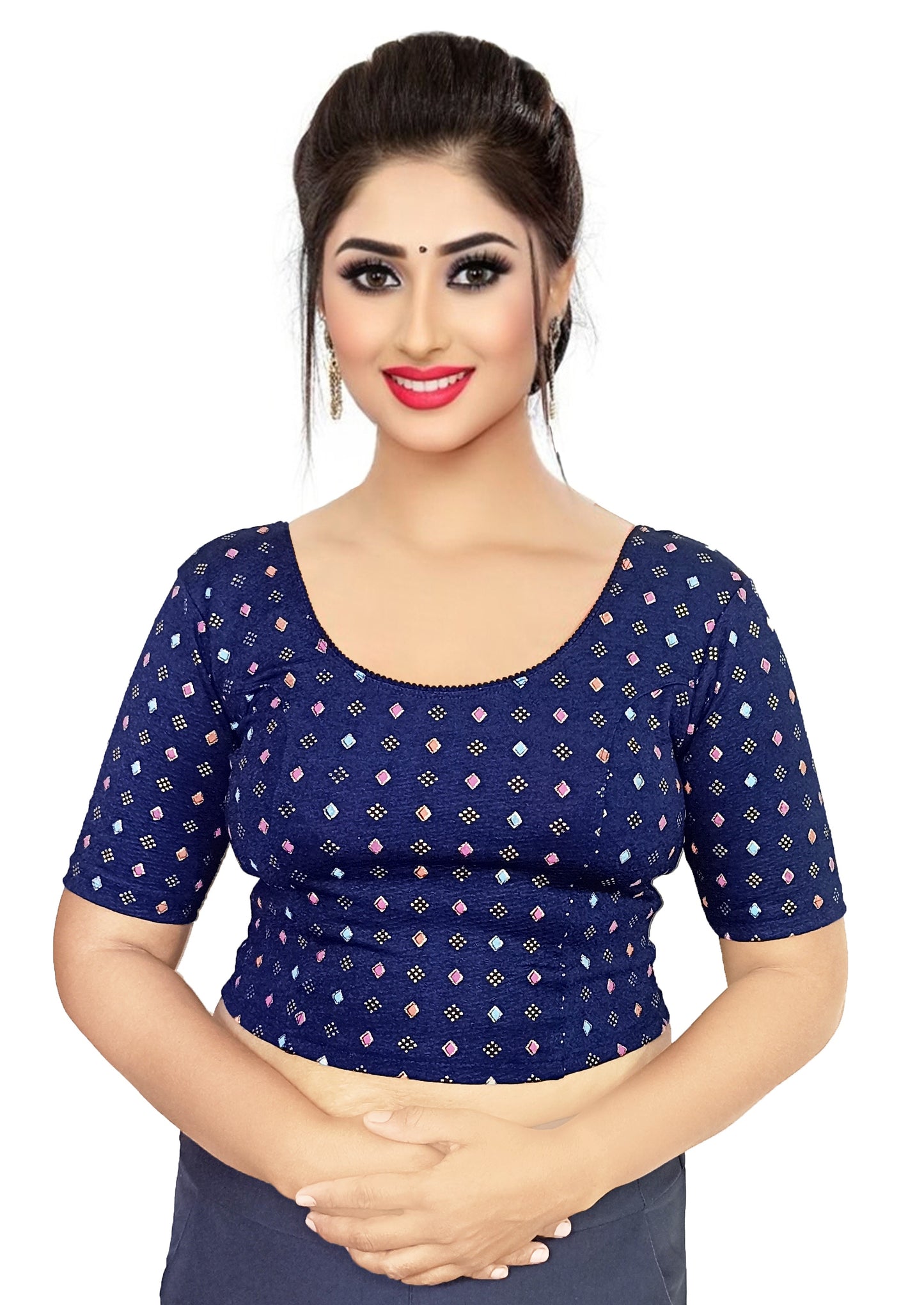PU Fashion Pigment Print Blouse – Readymade, Stylish Multicolor Design, Elbow Sleeves
