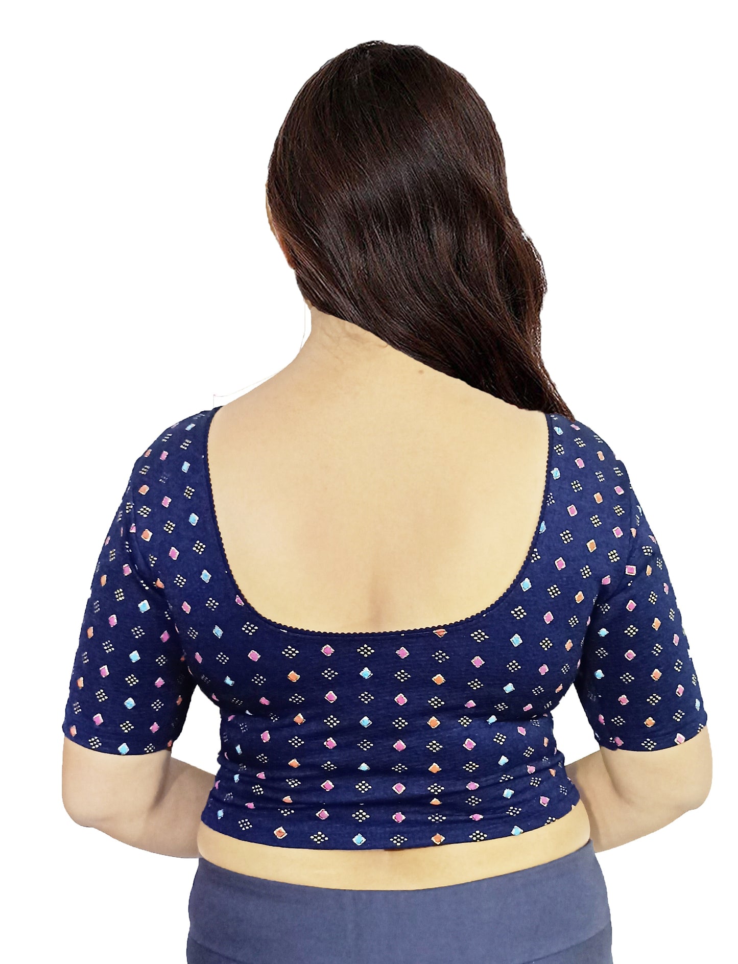 PU Fashion Pigment Print Blouse – Readymade, Stylish Multicolor Design, Elbow Sleeves