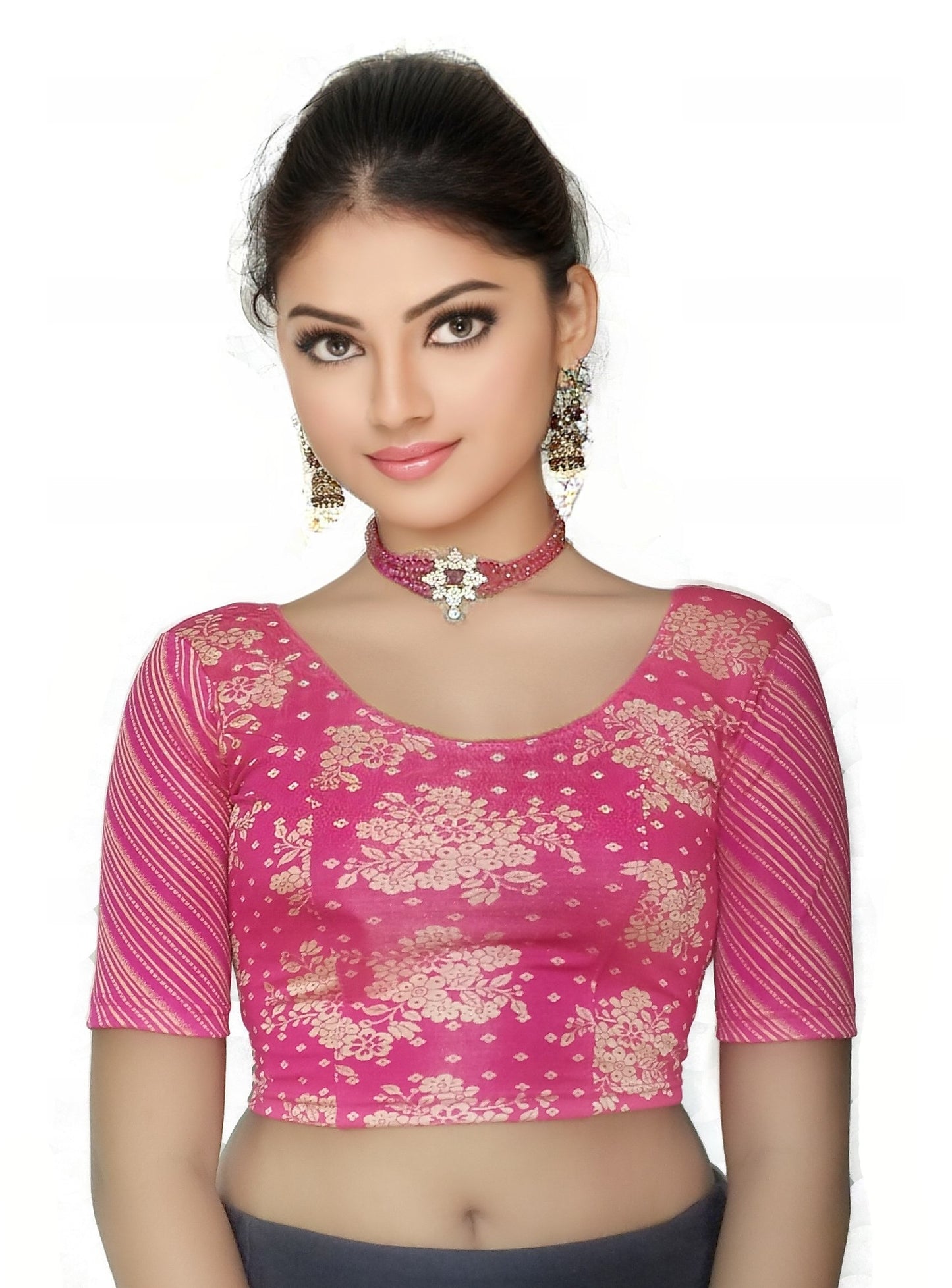 PU Fashion Jacquard Stretchable Saree Blouse – Floral Round Neck Short Sleeve Design