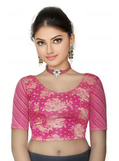 PU Fashion Jacquard Stretchable Saree Blouse – Floral Round Neck Short Sleeve Design