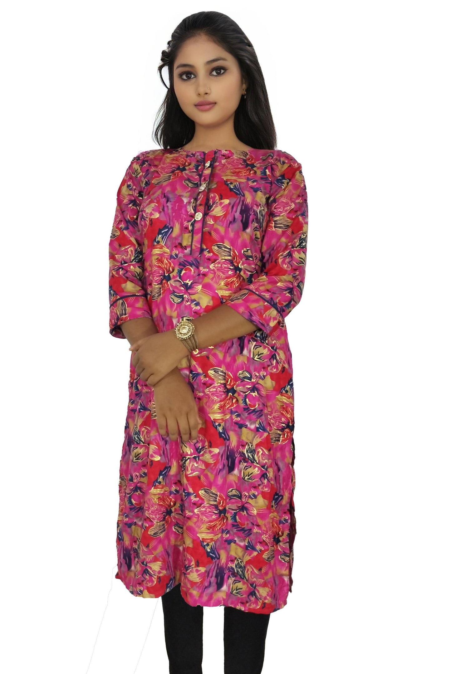 PU Fashion Pure Rayon Rani Pink Floral Printed Kurti for Women | Elegant and Comfortable Daily Wear Straight Kurti