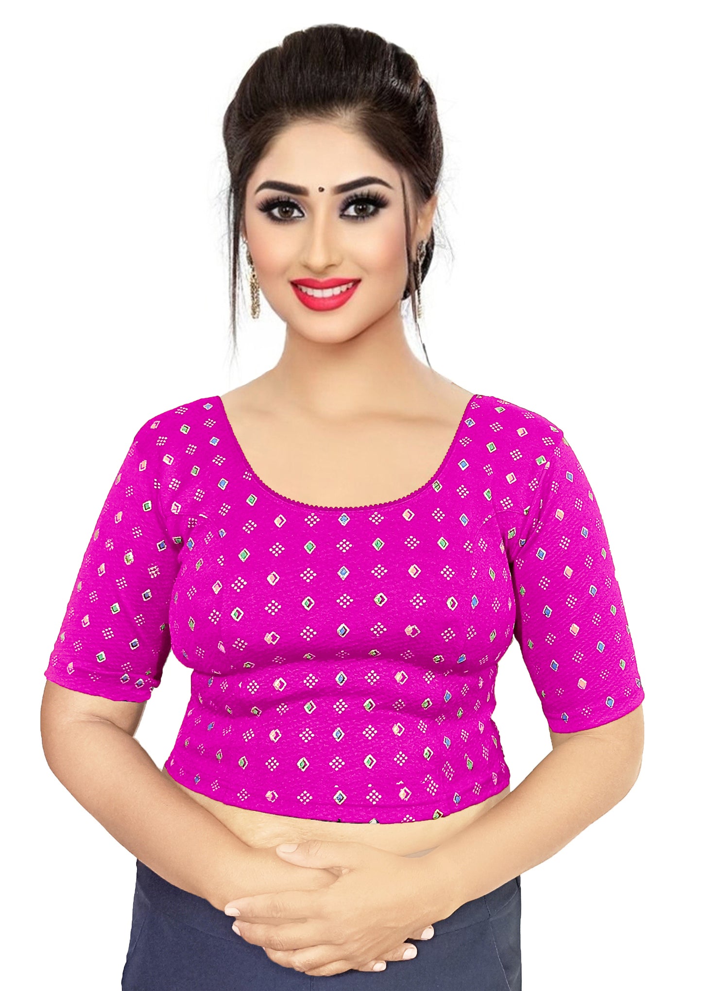 PU Fashion Pigment Print Blouse – Readymade, Stylish Multicolor Design, Elbow Sleeves