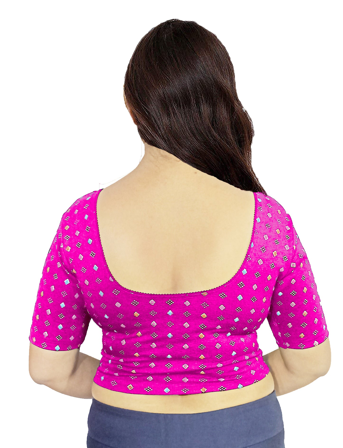 PU Fashion Pigment Print Blouse – Readymade, Stylish Multicolor Design, Elbow Sleeves