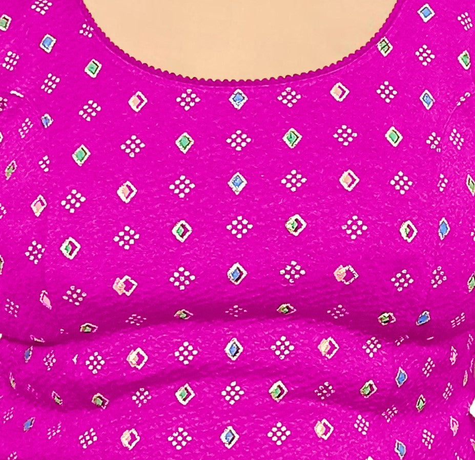 PU Fashion Pigment Print Blouse – Readymade, Stylish Multicolor Design, Elbow Sleeves