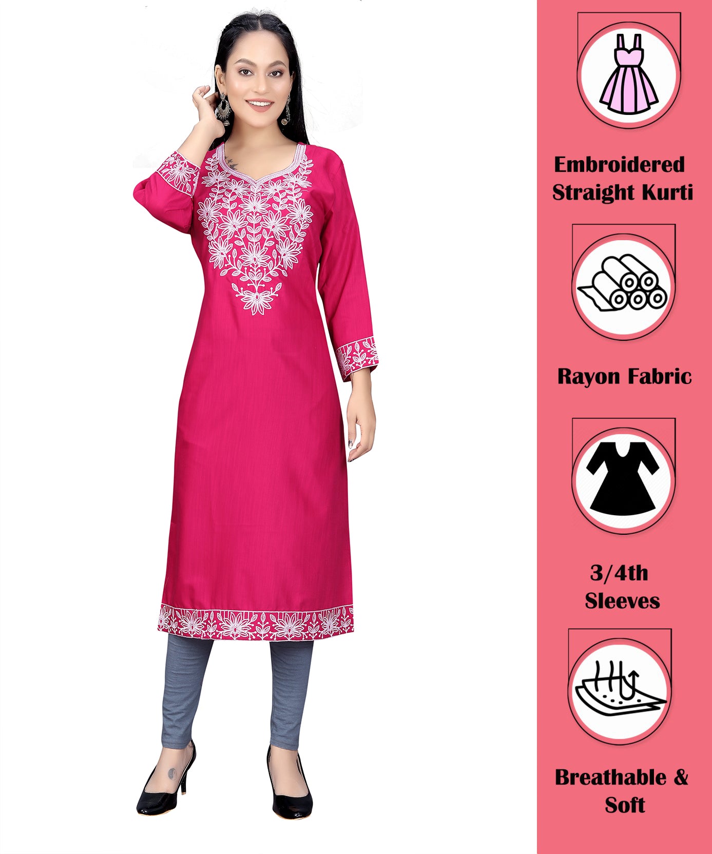 PU Fashion Chikankari Style Embroidered Long Kurti for Women | Elegant Straight Fit for Office & Festive Wear