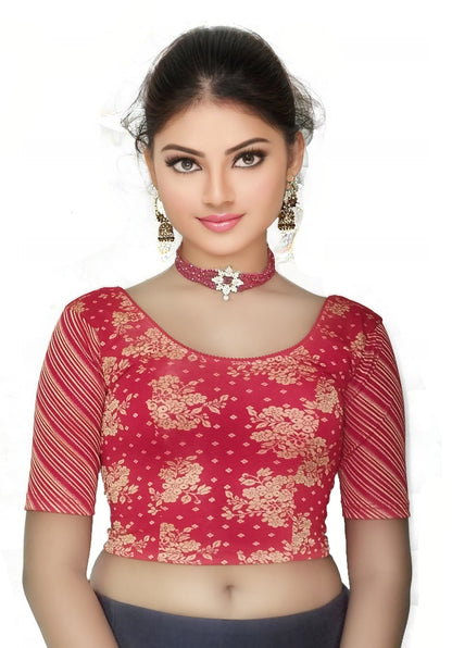 PU Fashion Jacquard Stretchable Saree Blouse – Floral Round Neck Short Sleeve Design