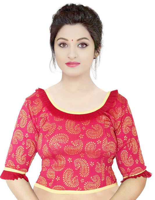 PU Fashion Designer Lycra Blouse – Elegant Paisley Print, Stretchable & Comfortable
