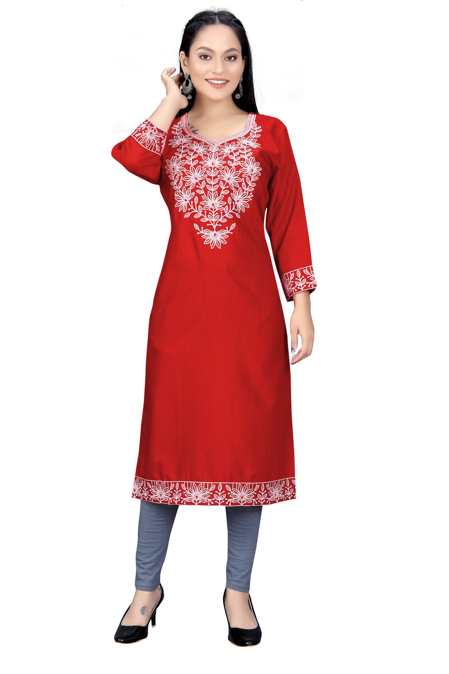 PU Fashion Chikankari Style Embroidered Long Kurti for Women | Elegant Straight Fit for Office & Festive Wear