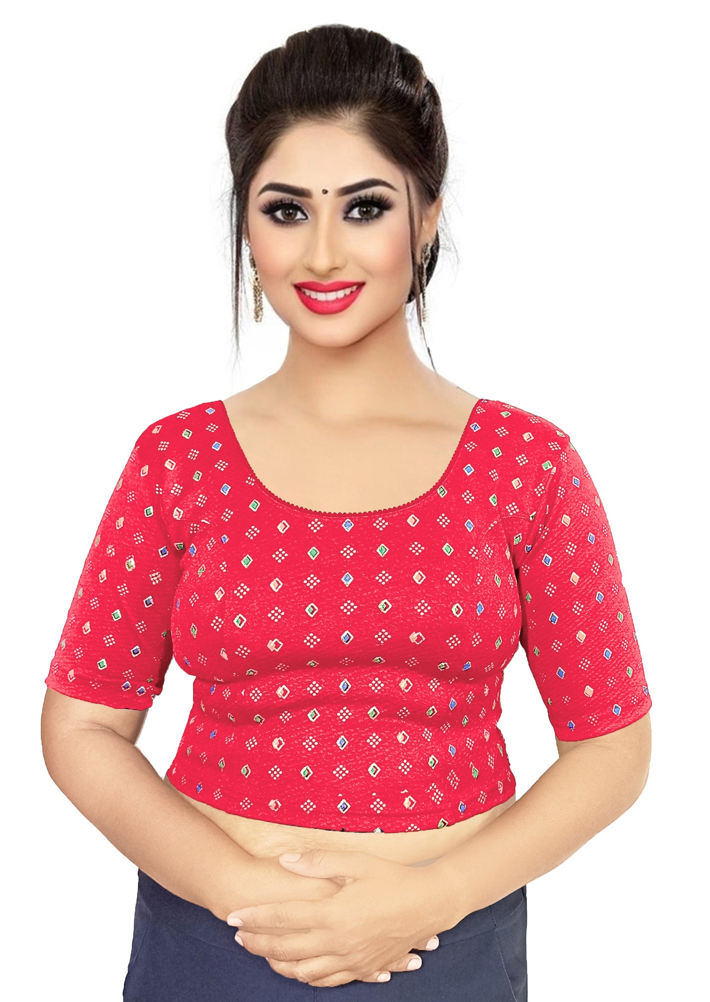 PU Fashion Pigment Print Blouse – Readymade, Stylish Multicolor Design, Elbow Sleeves