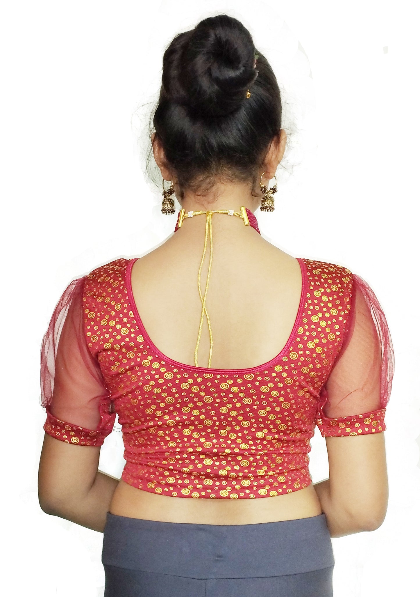 PU Fashion Golden Foil Printed Stretchable Blouse – Readymade Puff Sleeve Saree Blouse