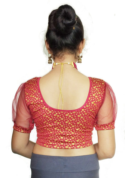 PU Fashion Golden Foil Printed Stretchable Blouse – Readymade Puff Sleeve Saree Blouse