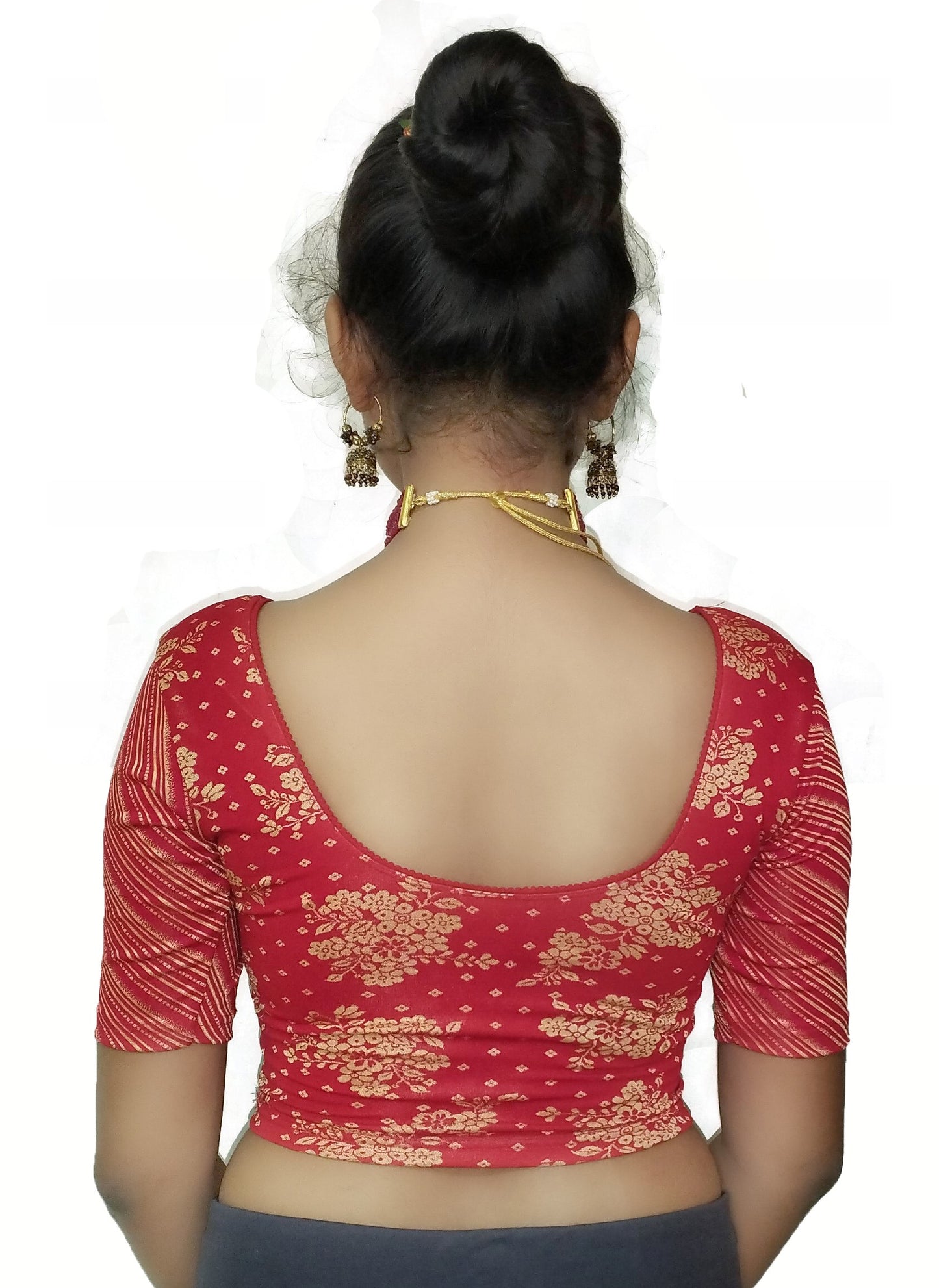PU Fashion Jacquard Stretchable Saree Blouse – Floral Round Neck Short Sleeve Design