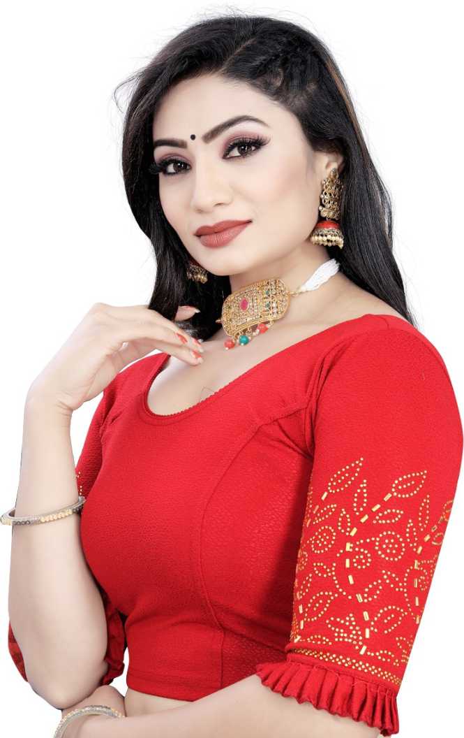 PU Fashion Stretchable Lycra Readymade Blouse with Frill & Swarovski Work