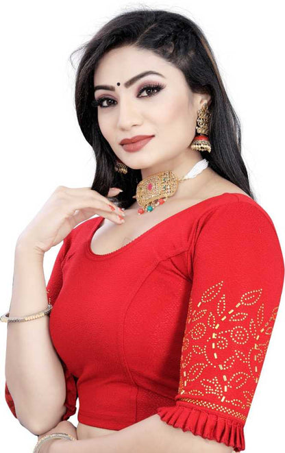 PU Fashion Stretchable Lycra Readymade Blouse with Frill & Swarovski Work