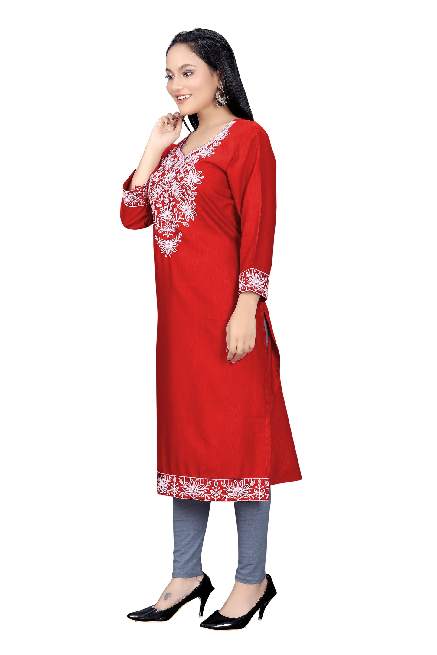 PU Fashion Chikankari Style Embroidered Long Kurti for Women | Elegant Straight Fit for Office & Festive Wear