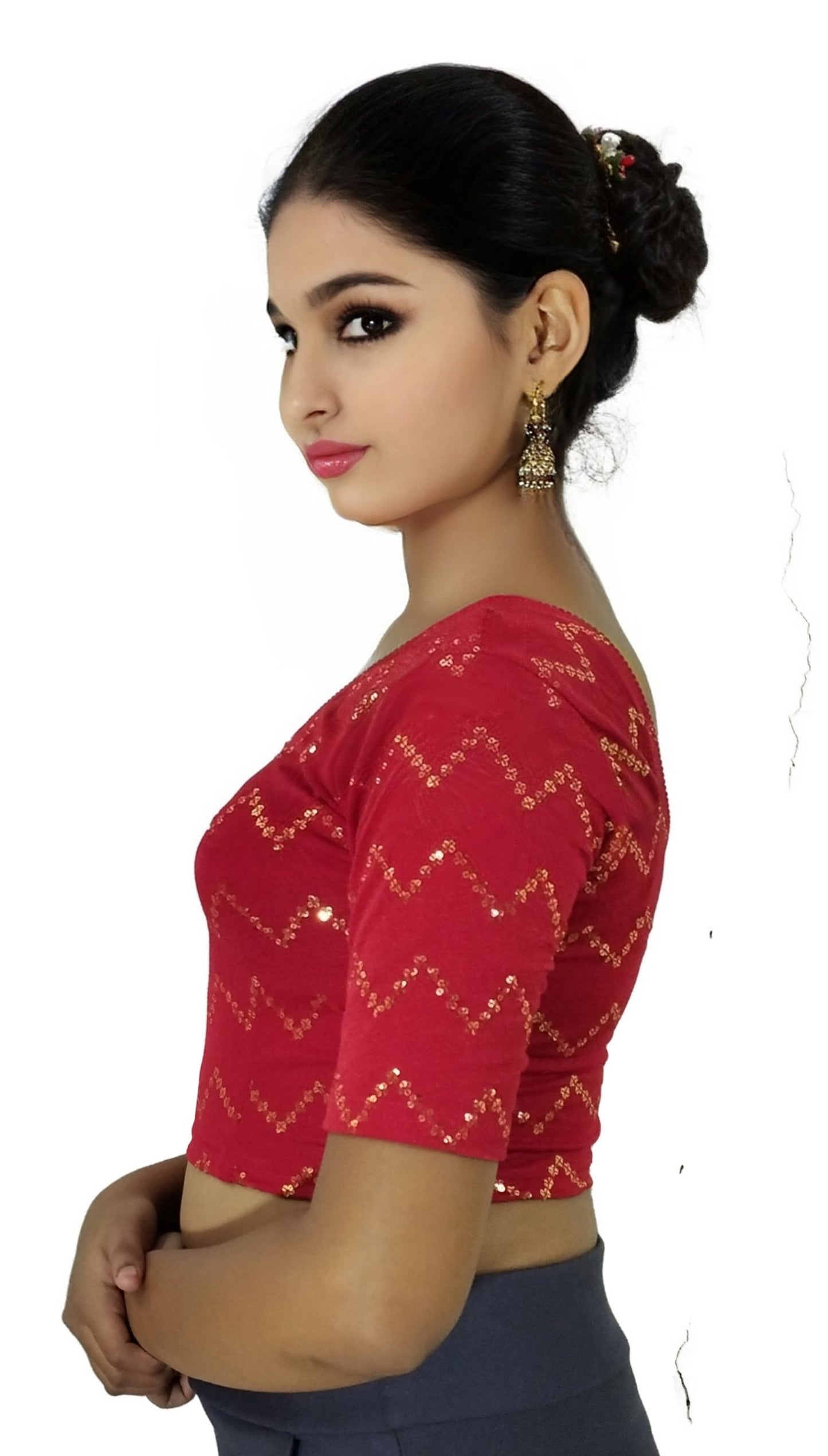 PU Fashion Stylish Readymade Party Wear Stretchable Sequin Embroidered Blouse